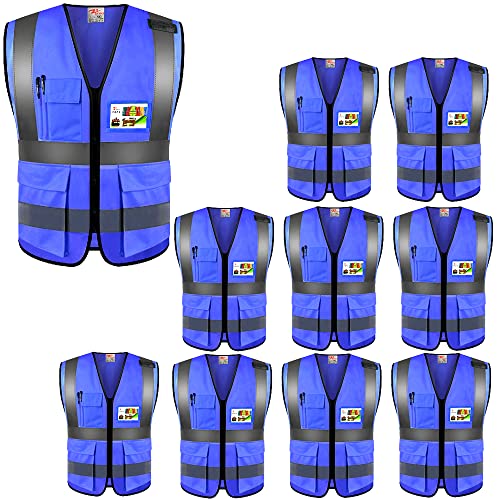 zojo High Visibility Reflective Safety Vest with Multi Pockets 10 Pack Bulk - color: Blue, size: 3X-Large
