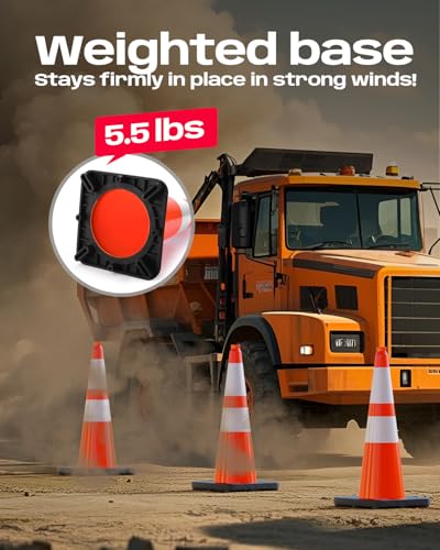 BATTIFE 28 Inch Traffic Safety Cones Orange with Weighted Base 6 Pcs 5.5LB