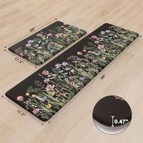 KIMODE Kitchen Mats Cushioned Anti Fatigue, Black Farmhouse Kitchen Rugs - color: Floral/Black, size: 59"L x 17.3"W x 0.47"Th + 29"L x 17.3"W x 0.47"Th