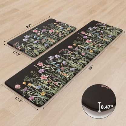 KIMODE Kitchen Mats Cushioned Anti Fatigue, Black Farmhouse Kitchen Rugs - color: Floral/Black, size: 59"L x 17.3"W x 0.47"Th + 29"L x 17.3"W x 0.47"Th