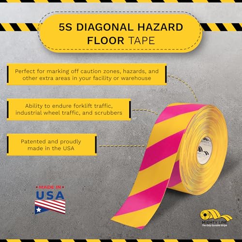 Mighty Line Diagonal Chevron Floor Marking Tape, 4 in Yellow and Magenta - size: 4 inch, style: Yellow With Magenta Chevrons