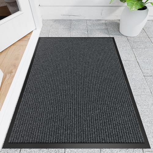 Front Door Mat, 3' x 4' Heavy Duty Indoor Outdoor Door Mat for Entryway, Commercial Door Mats Entrance, Low Profile Welcome Mats Non-Slip, Durable Rubber Backing Entry Mat for Patio, Home - color: Gray-stripe, size: 3' x 4' (Rectangular)