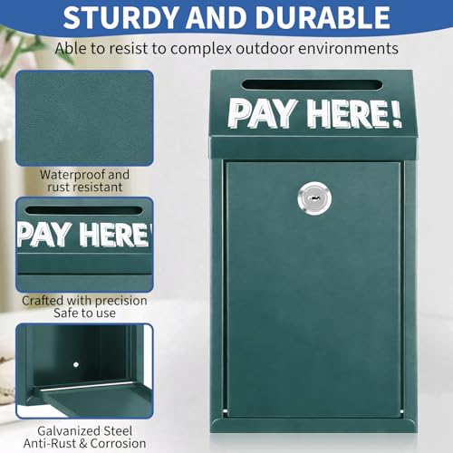 Cash Money Box with Slot – 10.2In Metal Donation Box with Lock for Cash Deposit,Wall Mounted Money Drop with Lock and Slot for Home/Farm/Office/Outdoors(Green) - color: Green