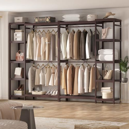 Homykic Bamboo Clothing Rack with 7 Adjustable Shelves, 2 Rods, Espresso - color: Espresso, size: II Medium