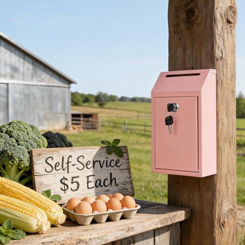 Sumerfnt Locking Cash Box with Slot, Metal Money Donation Box with Lock and 4 Keys Wall Mount, Cash Drop for Farm Stand, Self-Serve Stand, Tips, Fundraising, Pink - color: Pink