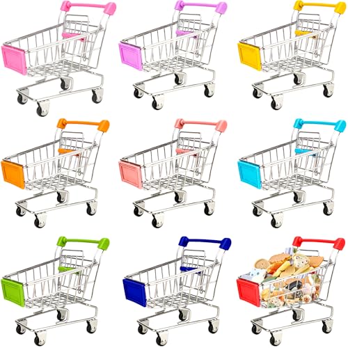 9 Pcs Mini Shopping Cart, Tiny Supermarket Handcart, Desk Shopping Cart Toys, Bulk for Kids, Desk Decoration, Doll House, Cosplay Accessory, 9 Colors