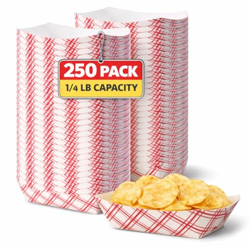 Paper Food Trays, Disposable Food Boat Tray Holders 1/4 lb Capacity, for Nachos, Fries, Hot Dogs & Tacos, Red Plaid, 250 Pack