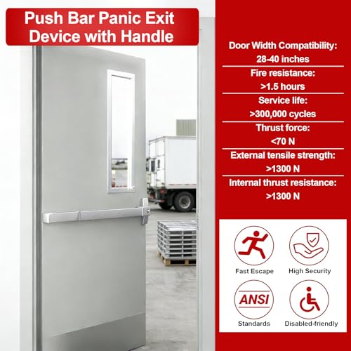 Push Bar Panic Exit Device with Handle, 31 Inch Aluminum Emergency Exit Door Hardware with 6 Keys, Commercial Emergency Door Lock Fits 31"-47" Wood & Metal Doors, Left/Right Compatible - size: 31inch