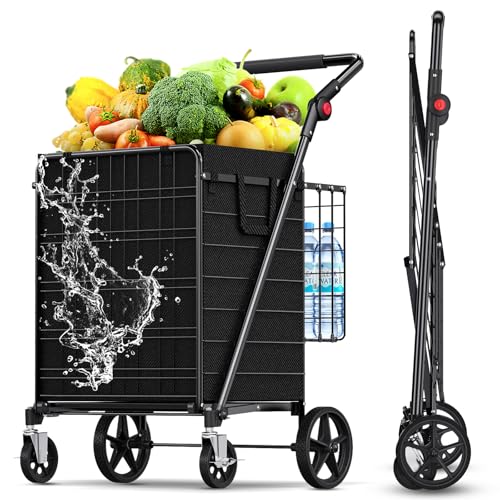 XINGLANG Heavy Duty Folding Shopping Cart – 5.0 Cu Ft, 480 lbs Capacity, Double Basket & Removable Waterproof Liner, 360° Swivel Wheels with Brakes, Adjustable & Rotating Handle for Laundry & Grocery - size: Extra Large