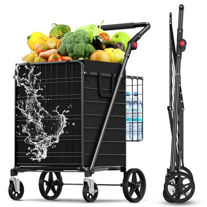 XINGLANG Heavy Duty Folding Shopping Cart – 5.0 Cu Ft, 480 lbs Capacity, Double Basket & Removable Waterproof Liner, 360° Swivel Wheels with Brakes, Adjustable & Rotating Handle for Laundry & Grocery - size: Extra Large