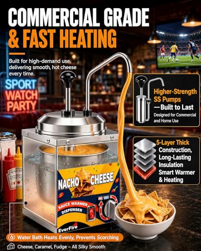 Nacho Cheese Dispenser with Stainless Steel Pump, 2.8 Qt Cheese Sauce Warmer with 6-Level Thermostat (86–194°F) – Commercial Electric Warmer for Hot Fudge, Chocolate, Caramel, Chili, Peanut Butter