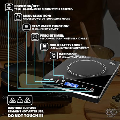 OMEO Portable Induction Cooktop Hot Plate Countertop Burner 1800 Watts Induction Burner with LCD Sensor Touch, LED Display, 10 Temperature Levels, Child Safety Lock, Auto Shutoff Function - size: Singe Burner