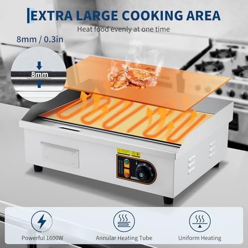 22” Commercial Electric Griddle, 120V 1750W Countertop Griddle, 120-570°F Adjustable Temp, Stainless Steel Electric Flat Top Grill with Removable Drip Tray for Restaurant/Kitchen/Home - size: 22inch