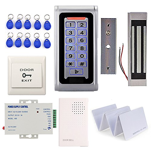 Waterproof Metal RFID Keypad Door Entry Systems & 600lbs Electric Magnetic Lock+110V Power Supply+Push to Exit Button+RFID Keychains/Cards - style: 600lbs Magnetic Lock