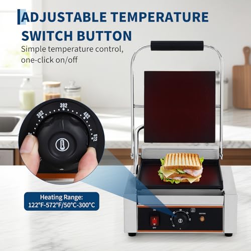 YS-811C 1800W Commercial Panini Press & Electric Grill, 9x9 Inch Sandwich Maker with 6-Temp Control, 110V Indoor Grill for Burgers, Panini, Breakfast, Silver - size: 9"x 9" with Smooth Plate
