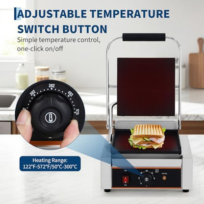 YS-811C 1800W Commercial Panini Press & Electric Grill, 9x9 Inch Sandwich Maker with 6-Temp Control, 110V Indoor Grill for Burgers, Panini, Breakfast, Silver - size: 9"x 9" with Smooth Plate