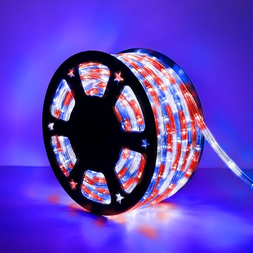 50ft LED Rope Lights Outdoor,360 LED Connectable & Flexible Tube Lights with 8 Modes, Waterproof LED Rope Lighting for Independence Flag Day, Memorial Day, Outdoor,Indoor Decor (Red & White & Blue) - color: Red & White & Blue, size: 50ft