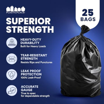 Plasticplace 65 Gallon Trash Bags │ 2.7 Mil │ Black Heavy Duty Garbage Can Liners │ 50” x 48” (25 Count) (W65LDB225A) - size: 25 Count (Pack of 1)