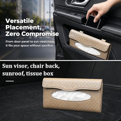 Car Visor Tissue Holder, Clip-on, Large Opening, PU Leather, Khaki - color: Khaki