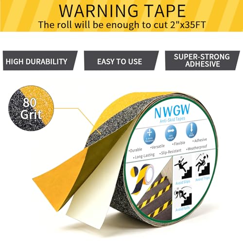 Black & Yellow Anti-Slip Stair Treads Tape, 2" x35FT Heavy Duty Non-Skid Grip Tape for Indoor/Outdoor Steps, Bathroom & Pool - PVC Waterproof Safety Traction Tape - color: Yellow, size: 2 IN