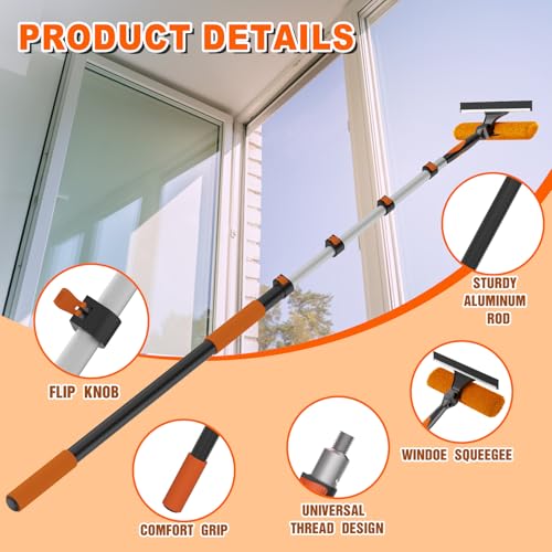 SISUPASSIE 20FT Reach 2-in-1 Window Squeegee, Professional Window Washing Kit with 3-12FT Extension Pole for Home, Indoor Outdoor Squeegee with Rotatable Head for High Windows - size: 12FT
