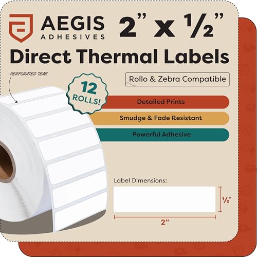 2" X 0.5" Direct Thermal Printer Labels (28800 Count, 12 Rolls) - size: 2" X 0.5"