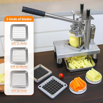 French Fry Cutter, Commercial Vegetable Chopper Potato Cutter with 3 Stainless Steel Blades (1/4", 3/8", 1/2"), Non-Slip Suction Base, Great for Potato, Carrot, Cucumber, Air Fryer & Restaurant Prep