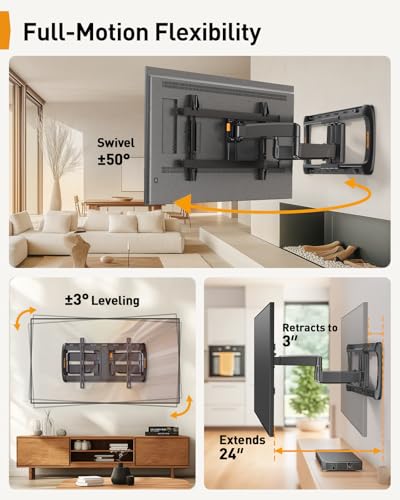 Perlegear Full Motion Sliding TV Wall Mount for 42–95 inch TVs - size: Fits 42-95" TVs / Max 24" Wood Stud