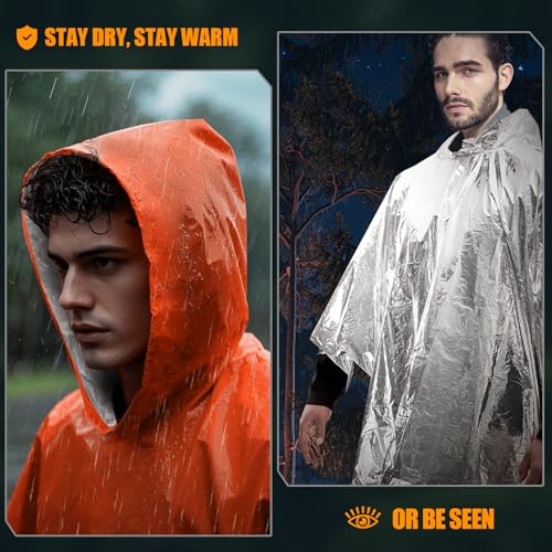 4 Pack Emergency Ponchos with Thickened Mylar Blanket Lining, Windproof, Waterproof, and Thermal Orange Survival Ponchos - Perfect for Outdoor Rescue, Family Camping Gear, Car Emergency Kits