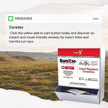 CoreTex Sun X 30+ & Bug X 30 Combo Pack - Includes 50 Total Packets in Wallmount Box - 25 Lotion Pouches & 25 Insect Repellent Towelettes - style: Sun X 30/Bug X 30 Combo