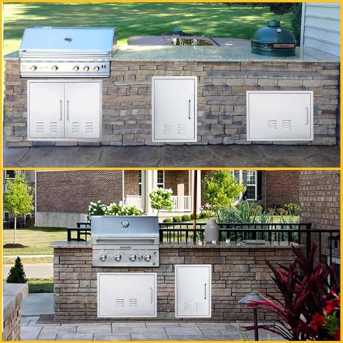 Outdoor Kitchen Doors, 27x20 Inch 304 Stainless Steel BBQ Access Door with Vent, Double Steel Doors for Outdoor Grill Island - size: 27W x 20H- Left
