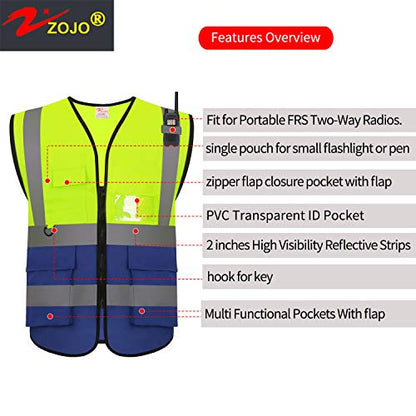 zojo High Visibility Reflective Safety Vest with Multi Pockets 10 Pack Bulk - color: Mix Yellow & Blue, size: X-Large