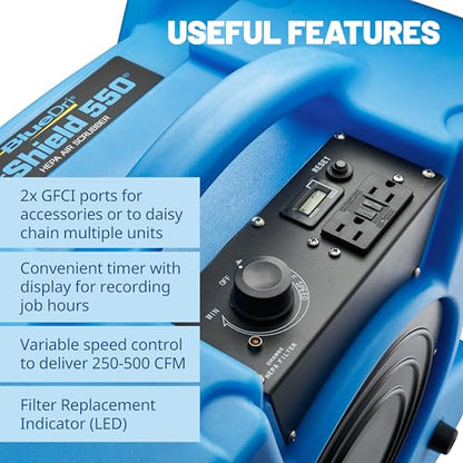 BlueDri Air Shield 550 HEPA Air Scrubber, Water Damage Restoration Equipment Air Purifier, Covers 1400 Sq. Ft, Daisy Chain Capable, For Commercial Use, Blue, BD-AS-550 - color: Blue