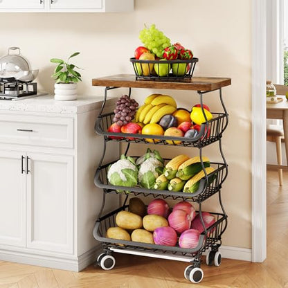SAYZH 4-Tier Fruit and Vegetable Basket Stand for Kitchen, Wood Top, Black - color: Black, size: 4 Tiers