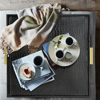 HofferRuffer Extra Large Square Serving Tray, Elegant Faux Leather Ottoman Tray with Gold Hardware Handles, Serve Tea, Coffee or Breakfast in Bed, 24 x 24 inches (Black Croco) - color: Black Croco, size: 24" x 24" x 2"
