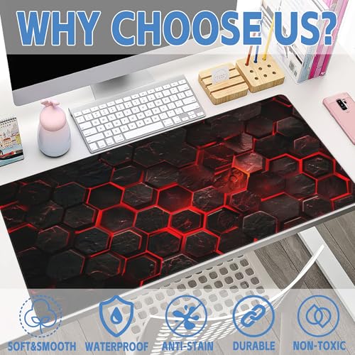 Large Gaming Mouse Pad for Desk,Red Honeycomb Science Technology Desk Mat,Honeycomb Hexagon Desk Pad,Extended Big Computer Keyboard Mouse Pad with Non-Slip Base Stitched Edges 35.4"x15.7" - color: Red Honeycomb Science Technology, size: 15.7" x 35.4"