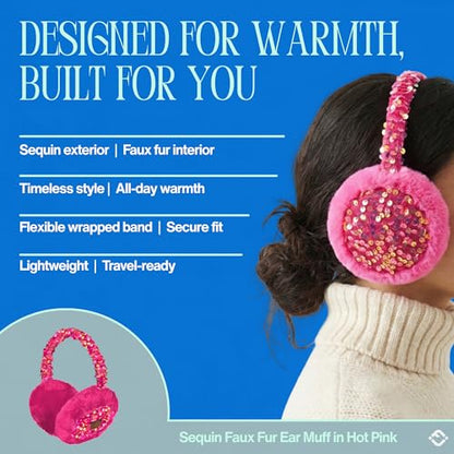 Funky Junque Women’s Winter Earmuffs - Cable Knit & Sequin - color: Sequin - Hot Pink