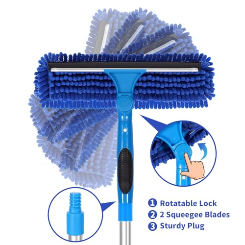 67" Squeegee Window Cleaner, 2 in 1 Professional Window Cleaning Tool Kit with Extension Pole, Window Washing Equipment with Rotatable Head for Indoor Outdoor Windows Car Glass - color: Blue