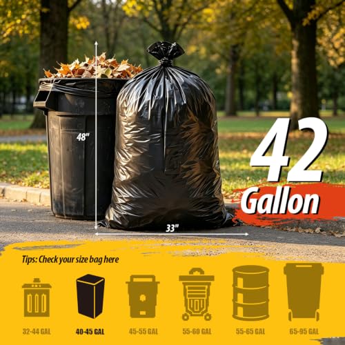 42 Gallon Large Black Trash Bags 33x48in (40 Count) - size: 40 Count (Pack of 1)