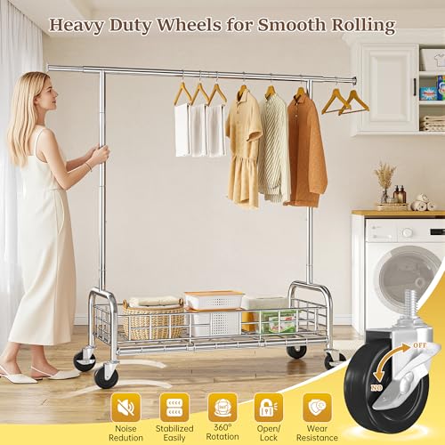 Raybee heavy duty clothes rack with wheels, 485LBS, Bottom Storage Basket - color: Chrome, style: Single Rod