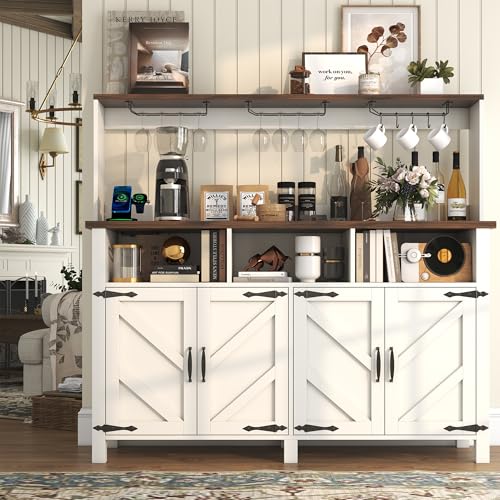 knoworld Buffet Sideboard with Storage Hutch with Power Outlet 4 Doors, Large Farmhouse Kitchen Storage Cabinet Wood Coffee Bar Cabinet with Cup Holder & Hooks for Kitchen, Dining Room,55"W White Rack