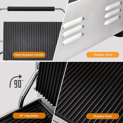 Bonnlo 811E Commercial Sandwich Make, 2200W Stainless Steel Countertop Panini Press Grill with Adjustable Temp 122°F–572°F, For Steak, Burgers, Home & Restaurant Use, 110V, Silver - size: 12.2"D x 16.7"W x 8"H