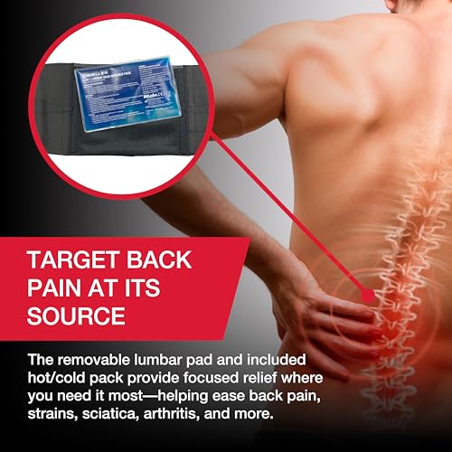 MUELLER Sports Medicine 4-in-1 Lumbar Back Brace with Hot/Cold Pack, Ideal for Upper and Lower Back Pain, Relief & Support for Men and Women, Strains, Sciatica, Scoliosis, Black, One Size