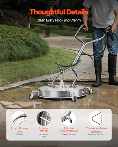VEVOR 24 Inch Pressure Washer Surface Cleaner, 4000 PSI Stainless Steel Attachment with 4 Wheels, 2 Nozzles, 3/8 Inch Quick Connect and Dual Handle for Concrete, Patio, Sidewalk - size: 24 Inch w/ Handle & Wheels