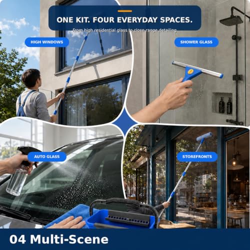 Window Cleaning Kit with 3 Gallon Bucket, 76" Extendable Window Squeegee and Microfiber Scrubber, Complete Window Washing Tools with Spray Bottle, Brush, Cloth and Funnel for Home and Commercial Use