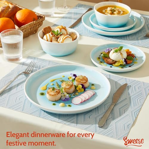 Sweese Porcelain Dinnerware Sets, Handpainted Plates and Bowls Set for 6, Scratch Resistant Dinner Set, Dishwasher and Oven Microwave Safe Dishes Set, Blue - color: Blue