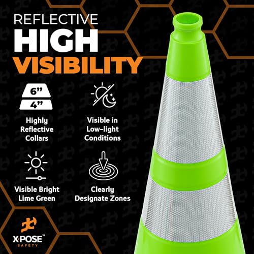 Xpose Safety 28” Lime Green Traffic Cone Dual 6" & 4" Reflective Collar - color: Lime, size: 28" 7lb. Cone