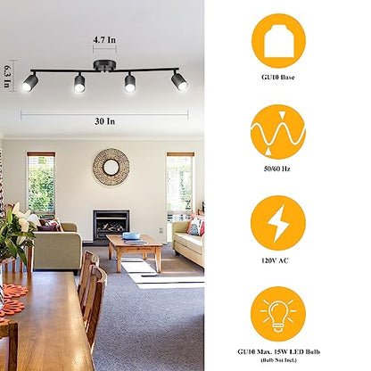 BoostArea LED 4 Light Track Lighting Kit, Black 4 Way Ceiling Spot Lighting, Flexibly Rotatable Light Head for Kitchen, Living Room, Bedroom, Bulb Not Included - color: 4 Light