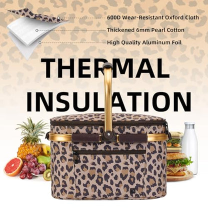 Picnic Basket, 22L Insulated Cooler Foldable, Thick, Leopard Print - color: Leopard Print, size: Medium