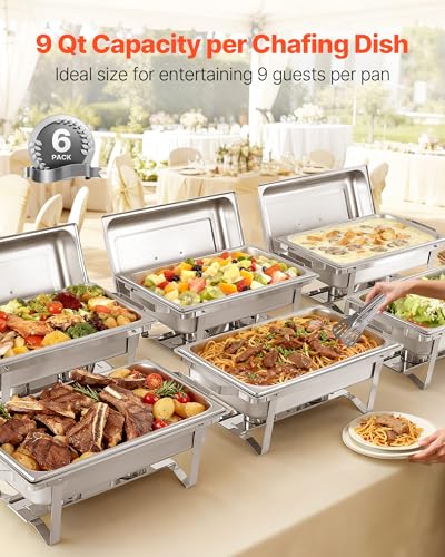 VEVOR Rectangle Chafing Dishes, 9 Qt 6 Pack Stainless Steel Chafing Dish, Food Warmer Chafer Complete Set with Hollow Handle, 3 Food Tongs, Lid, Holder, Chafer Dishes for Banquet Party Wedding - size: 6 PACKS